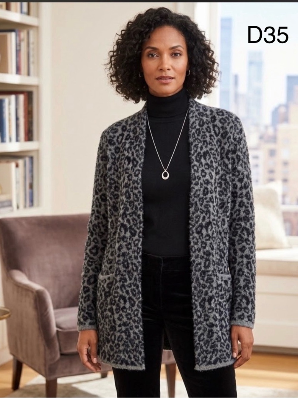 Talbots Gray Leopard Print Open-Front Cardigan, Size Small Petite